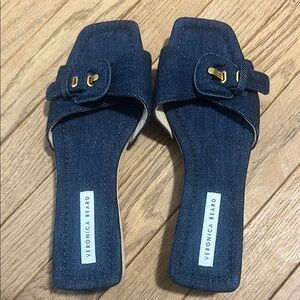 Veronica Beard Blue Denim Mules with Gold Buckle